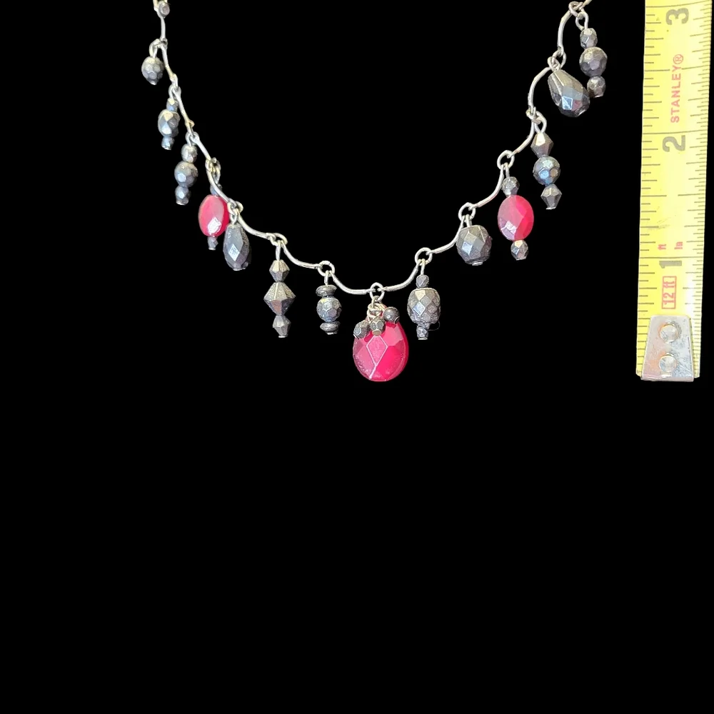 Gothic Vine & Bead Red & Gray Charm Choker Necklace